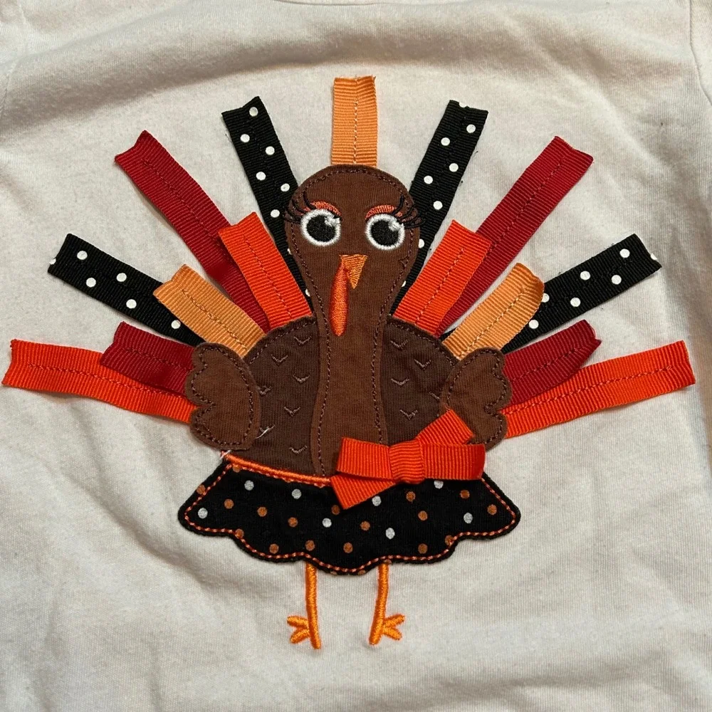 Kids Girls Long Sleeve Turkey‎ Applique Shirt Size S 4/5 Thanksgiving Holiday
